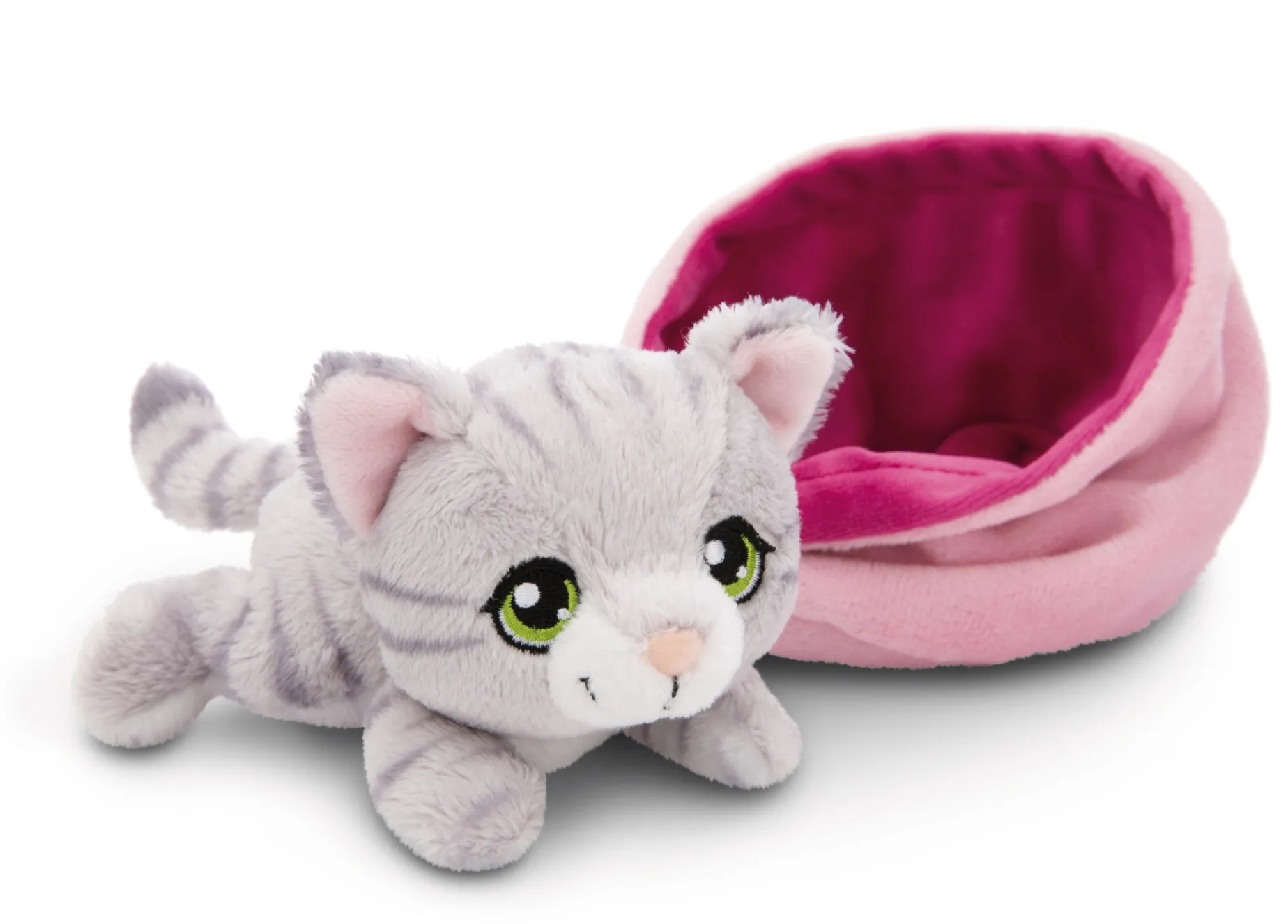 Grey striped soft toy cat in basket
