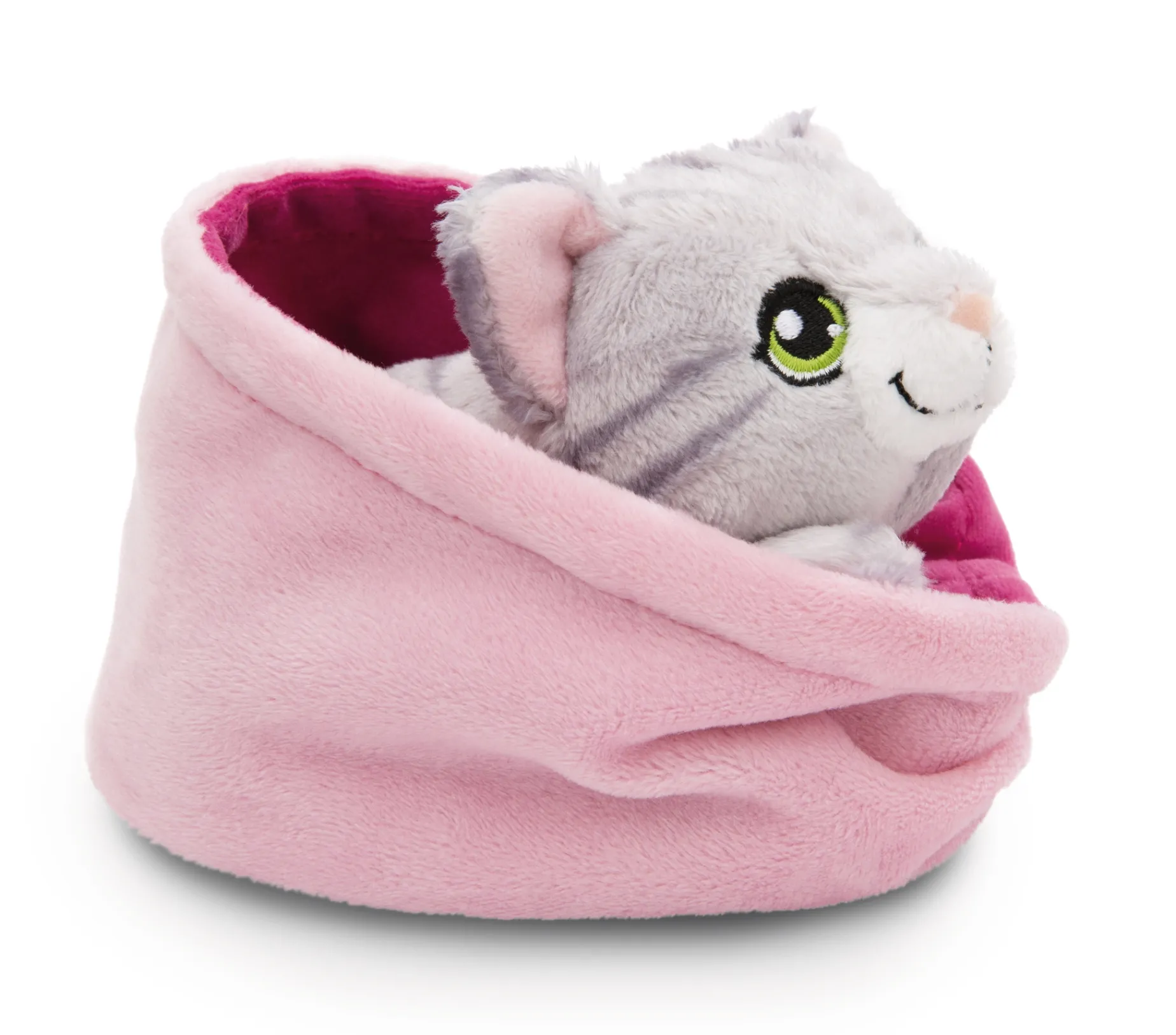 Grey striped soft toy cat in basket