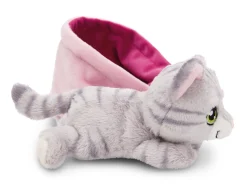 Grey striped soft toy cat in basket