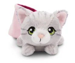 Grey striped soft toy cat in basket