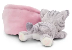 Grey striped soft toy cat in basket