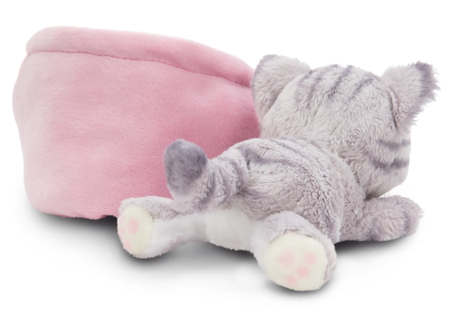 Grey striped soft toy cat in basket