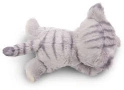 Grey striped soft toy cat in basket