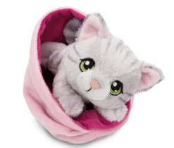 Grey striped soft toy cat in basket