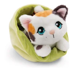 Spotted soft toy cat in basket