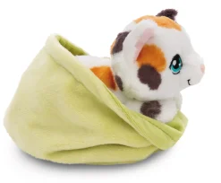 Spotted soft toy cat in basket