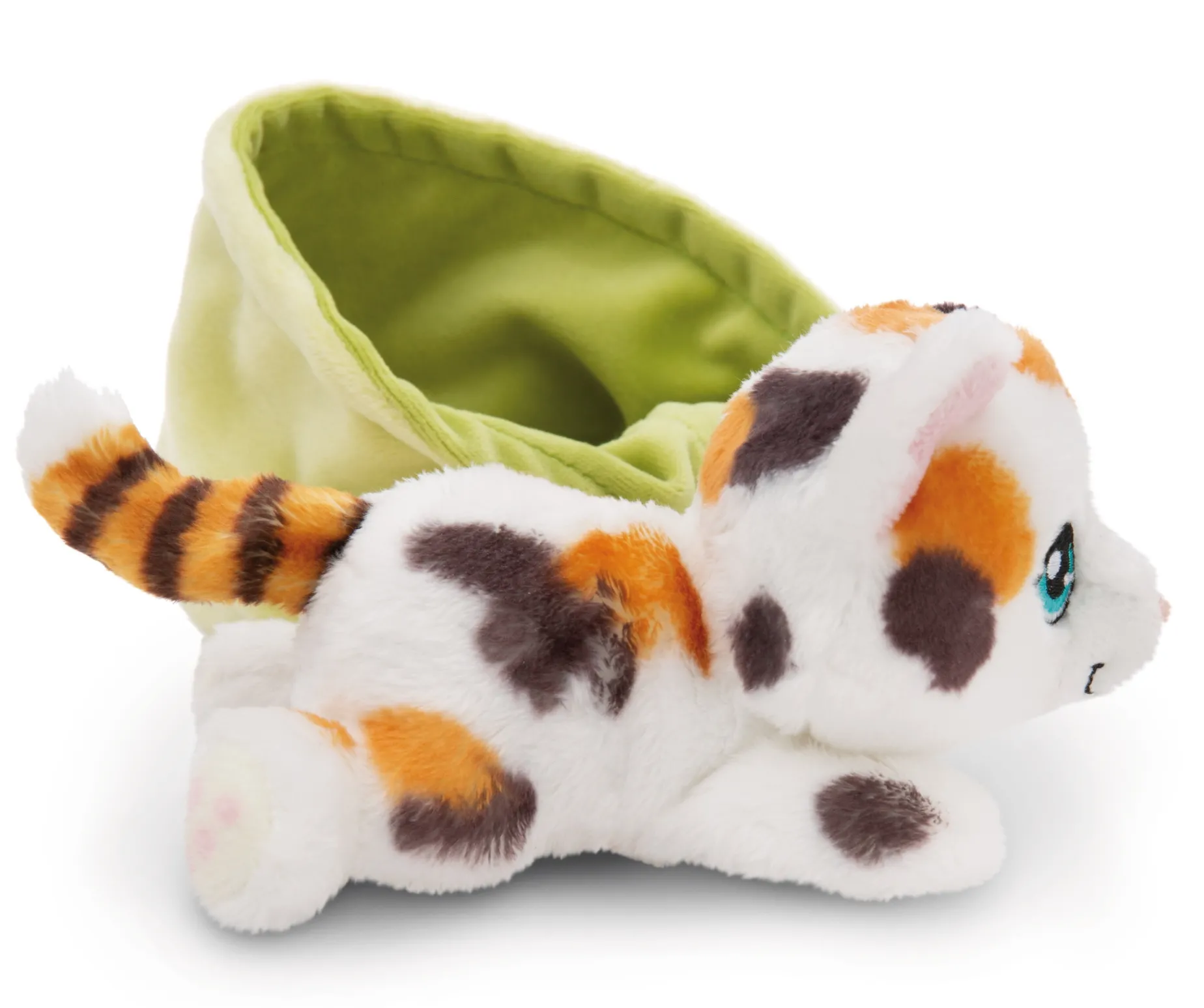 Spotted soft toy cat in basket