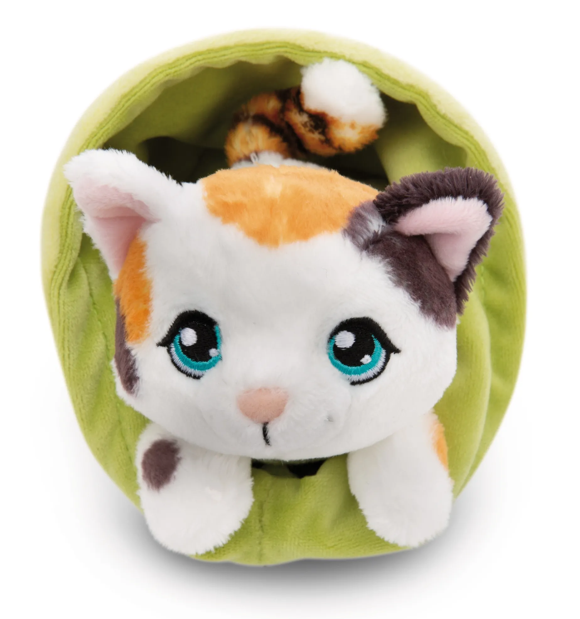 Spotted soft toy cat in basket