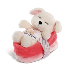 Cuddly toy dog in red-pink basket