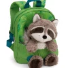Green Backpack with soft toy raccoon