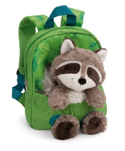 Green Backpack with soft toy raccoon