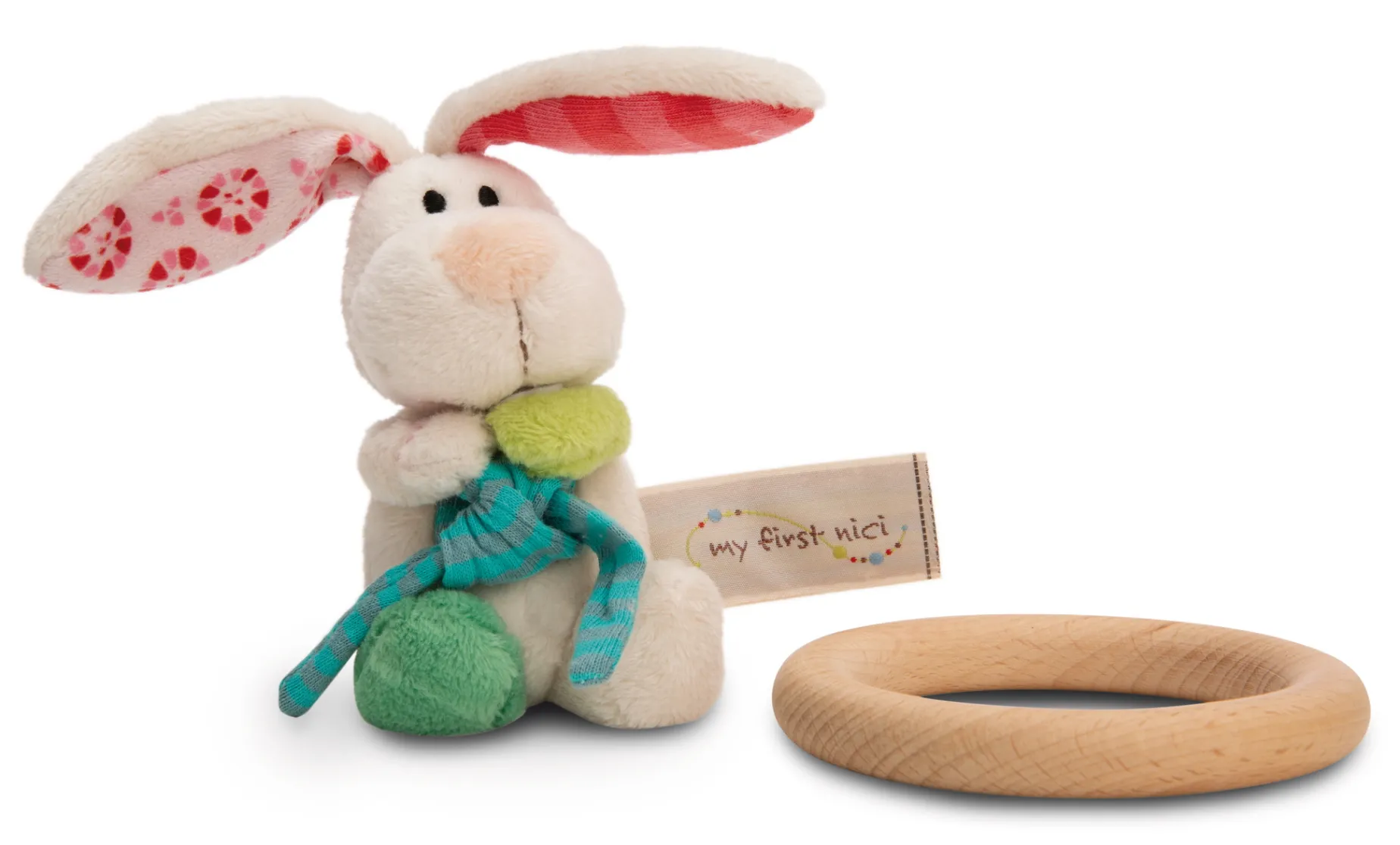 Griffin bunny Tilli with wooden ring and bell