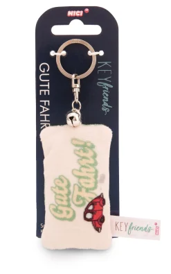 Keyholder mini plush cushion "Gute Fahrt!" w. bell