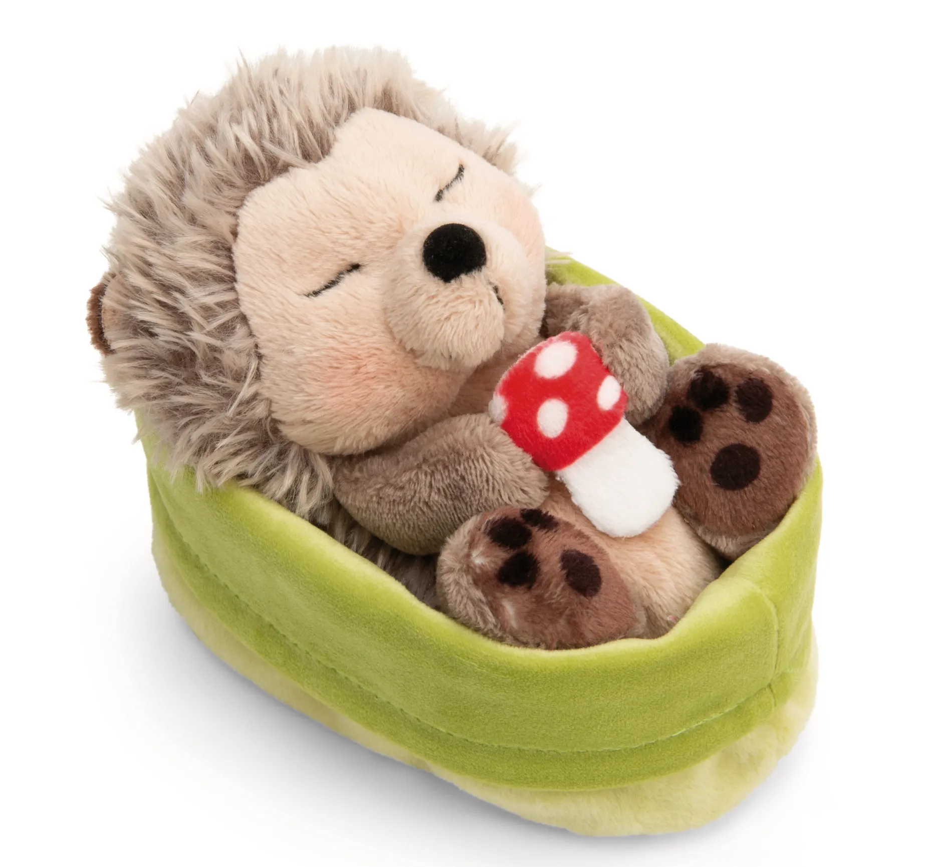 Soft toy hedgehog with mushroom 12cm in light green basket NICI GREEN