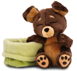 Soft Toy Sleeping Pets brown dog 12cm in green basket NICI GREEN