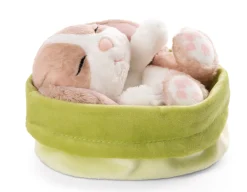 Soft Toy Sleeping Pets Bunny cappuccino 12cm in green basket