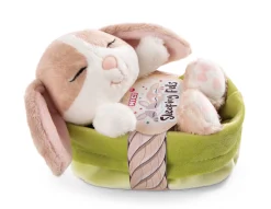 Soft Toy Sleeping Pets Bunny cappuccino 12cm in green basket