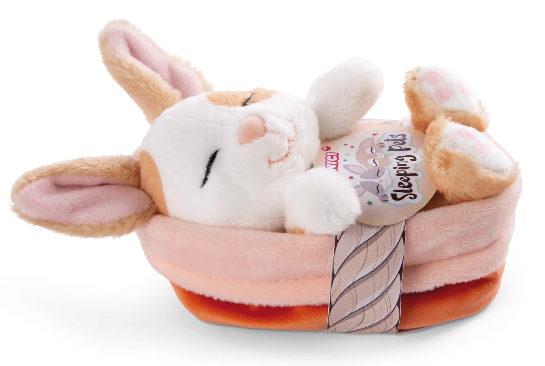 Soft Toy Sleeping Pets Bunny caramel dotted 12cm in peach basket